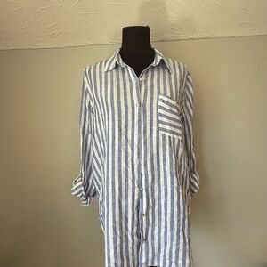 Nicole Miller Large Blue White Striped Linen 3/4 Sleeve Button Down